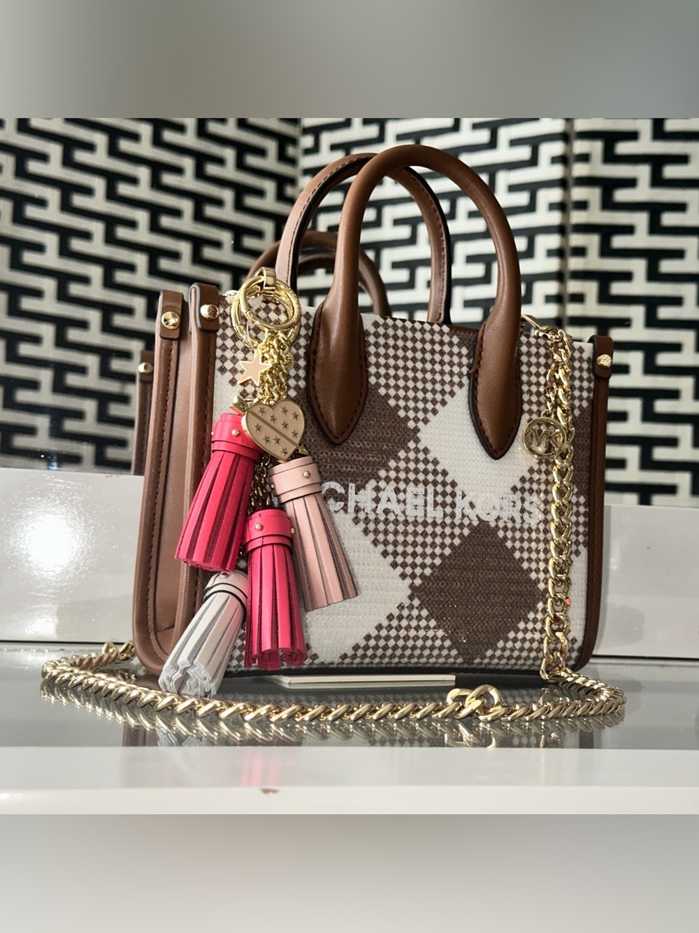 Michael Kors Mirella XS Shopper Crossbody Handbag Luggage Sequin
